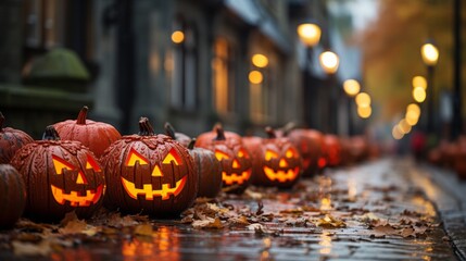 Obraz premium On a crisp autumn evening, a row of intricately carved pumpkins illuminated the sidewalk, inviting curious trick-or-treaters to explore the mysterious gourd-filled street