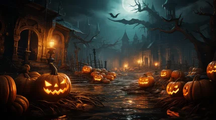 Schilderijen op glas On a cool, autumn night, a luminous pumpkin illuminated by the full moon floats peacefully down the river, bringing a whimsical, spooky halloween atmosphere to the outdoor scene © Envision