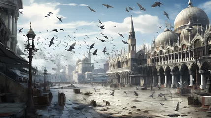 Poster Plaza San Marco with pigeons gathered © Asep