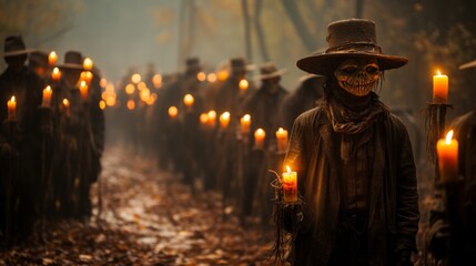 A zombie stands in the darkness of night, illuminated by a single candle they hold in their gloved hands, their hat casting a warm, inviting light on the outdoor scene - Powered by Adobe