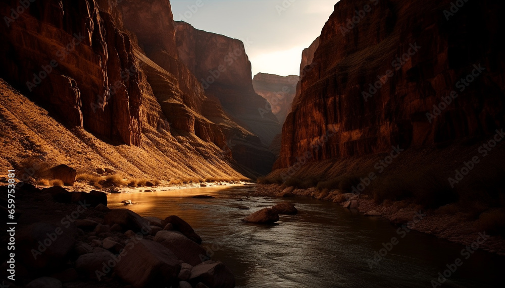 Wall mural The majestic mountain range reflects in the tranquil riverbed generated by AI