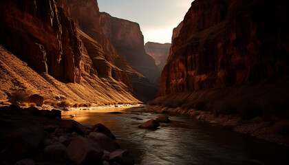 The majestic mountain range reflects in the tranquil riverbed generated by AI