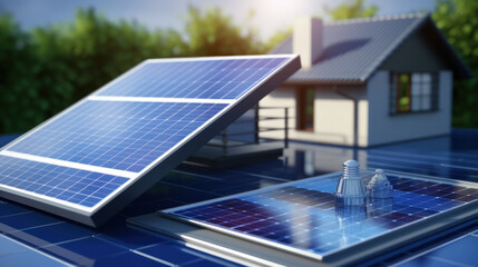 Solar photovoltaic panels on house roof, digital model, project visualization, autonomous power supply