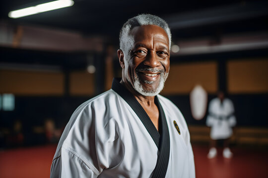 Portrait of happy senior retired black man at karate course
