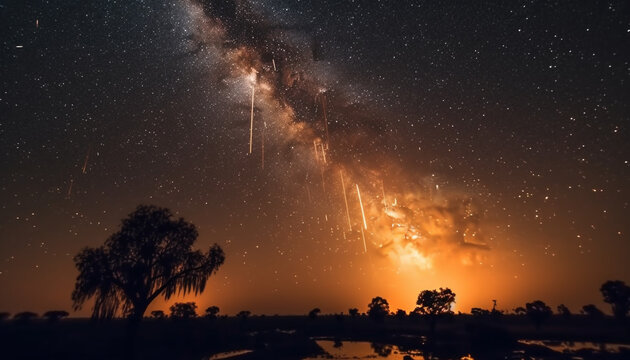 Milky Way illuminates the night sky, a natural phenomenon glowing generated by AI © Jeronimo Ramos