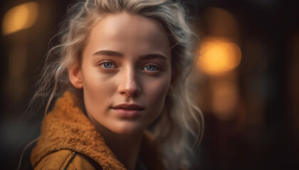 One beautiful young woman, confident and smiling, looking at camera generated by AI