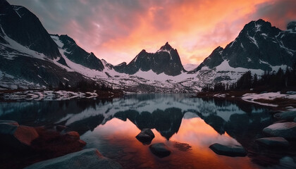Fototapeta na wymiar Majestic mountain range reflects tranquil scene at dusk, a beauty in nature generated by AI