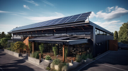 Fototapeta na wymiar Alternative energy. Solar panels on roof of black industrial or RND building.