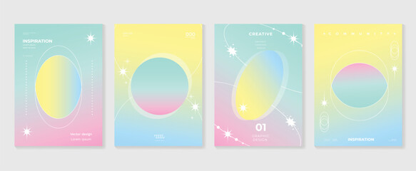 Idol lover posters set. Cute gradient holographic background vector with pastel color, circle, sparkle, border. Y2k trendy wallpaper design for social media, cards, banner, flyer, brochure. - obrazy, fototapety, plakaty