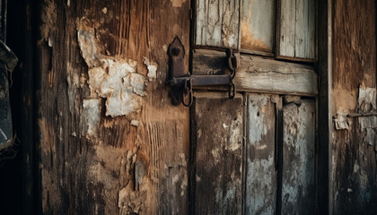 Rusty padlock on old weathered door in rural barn entrance generated by AI