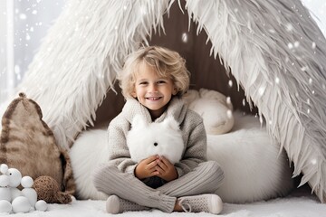 Obraz premium Adorable little boy in festive attire sitting in cozy white wigwam, joyfully holding wooden heart in Scandinavian-inspired Christmas interior.