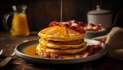 A stack of fluffy pancakes with bacon and honey syrup generated by AI
