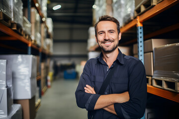 Happy worker man factory manager working in warehouse while smiling and looking at camera