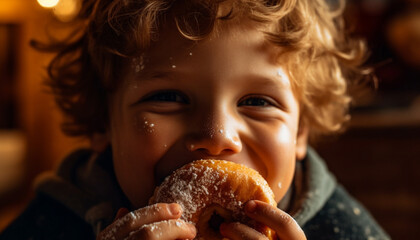 Naklejka premium One cute boy smiling, enjoying sweet food and indulgence generated by AI