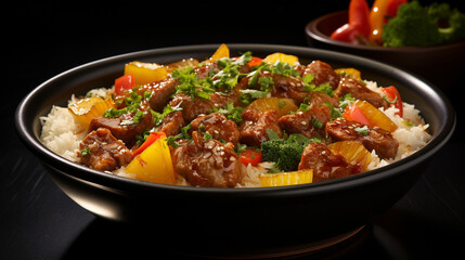 Plate of sweet and sour pork with bite sized pieces UHD wallpaper Stock Photographic Image