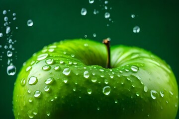 Green apple with water drops on green background. Wet apple. Organic Fresh Granny smith apple. Healthy fruit food. Macro close-up. Food Photography. Good for poster, billboard or backdrop - obrazy, fototapety, plakaty