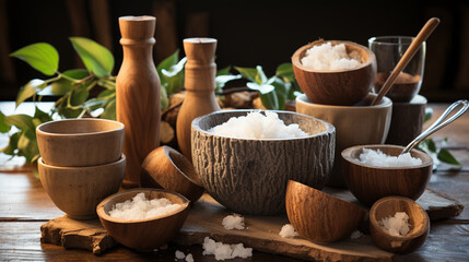 Fototapeta na wymiar Natural and eco friendly coconut shell bowl and spoon UHD wallpaper Stock Photographic Image