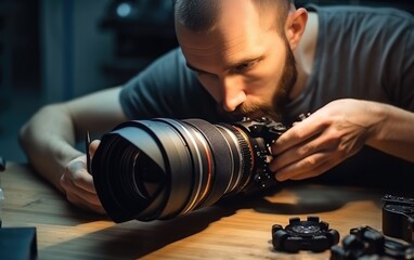 A male technician repairing photo lens