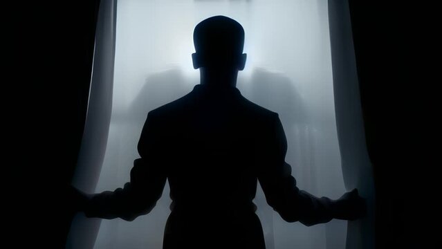 Spooky silhouette man standing against foggy background. Mysterious figure in blurred room. Concept of spirt during Halloween.