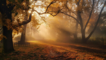 The tranquil autumn forest glows with vibrant gold sunlight generated by AI