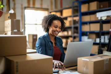 Online store seller during an online conversation with a buyer. A middle aged black woman sits in a warehouse of packaged products and communicates with a customer. Preparing to send an online order.