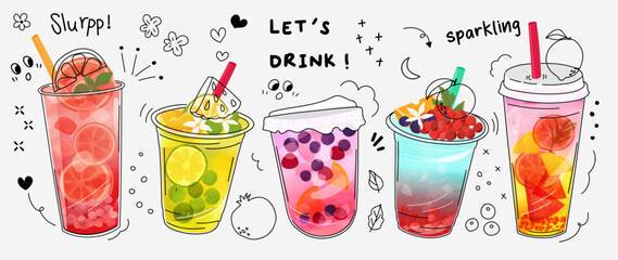 Fresh smoothies and sparkling drinks design with cute doodle decoration. Fruit refreshment and soft drinks in glasses. Vector illustration blended smoothie for logo, ads, promotion, marketing, banner.