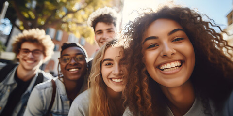 Obraz premium Happy group of young people smiling at camera outdoors - Smiling friends having fun hanging out on city street - University students standing together in college campus - Friendship and youth concept