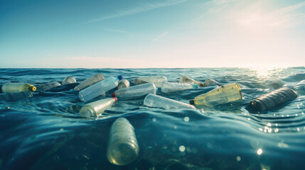Plastic bottles and trash floating in the ocean - obrazy, fototapety, plakaty