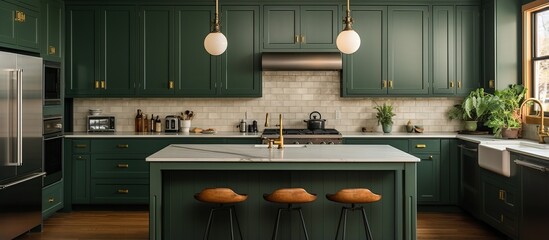 Kitchen cabinets in a Provo home Utah are green - obrazy, fototapety, plakaty