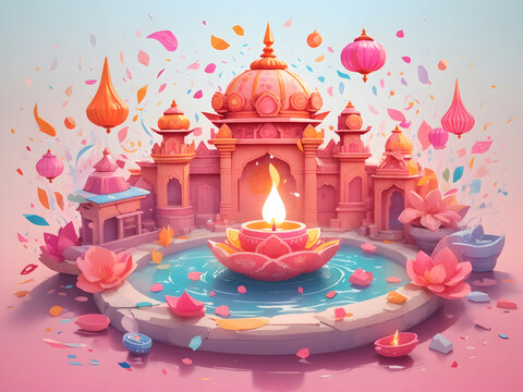 Diwali Temple Celebration with Vibrant Pastel Candles - Traditional Indian Festival