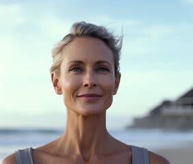 outdoor portrait of of confident caucasian middle-aged woman, AI generated