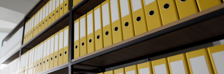 Yellow ring binders with files put in long rows on shelves