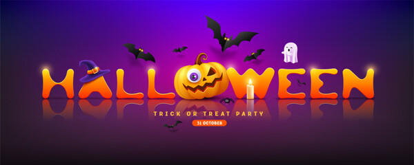 Halloween text design yellow and orange design, with yellow pumpkins, bat flying, ghost, candle, spider, banner design on purple background, Eps 10 vector illustration
