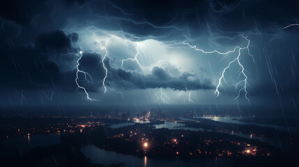 lightning and black clouds at night over a bustling city