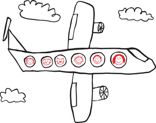 Family Travel. Naive Hand Drawing Airplane and Clouds for Kindergarten Posters and Banners. Line art Vector Illustration Children Kids Style. 