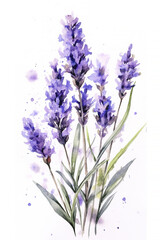 Lavender flowers, watercolor illustration isolated on white background