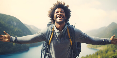 Happy black man with arms outstretched standing outside - Delightful traveler with backpack enjoying summer trip - Successful people, well being and traveling lifestyle concept - obrazy, fototapety, plakaty