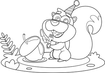 Outlined Cute Squirrel Cartoon Character Is Looking At A Birthday Acorn With A Fork And Knife. Vector Hand Drawn Illustration Isolated On Transparent Background