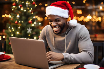 happy African American man in Santa hat using laptop in cafe