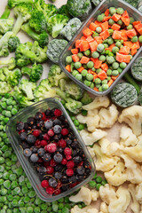 A set of foods for the winter. Various of frozen vegetables and berries