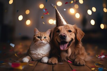 Kitten and puppy with smiling peeking in party hat celebrating birthdays template,Generative AI.