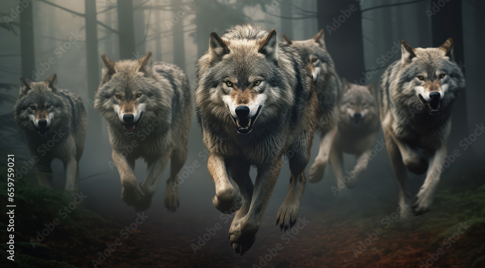 Poster a pack of wolves run through the forest hunting for prey