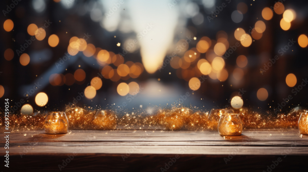 Poster empty table in front of christmas tree with decorations background. for product display montage.