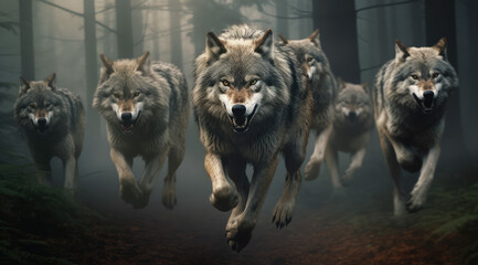 a pack of wolves run through the forest hunting for prey - obrazy, fototapety, plakaty