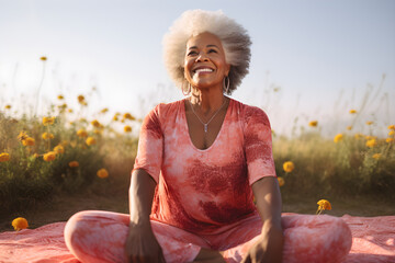 Happy senior retired black woman practicing yoga in garden