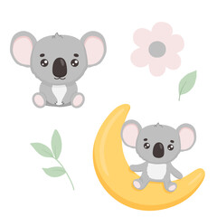 Cute sitting koala on crescent moon. Funny childish illustration for clothes, fabric, nursery, banner. Hand drawn baby koala and flower isolated on white