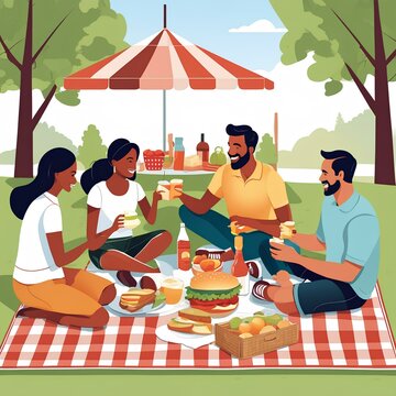 illustration of family members gathered for a picnic sharing stories sandwiches | family having dinner in the garden | family having a picnic