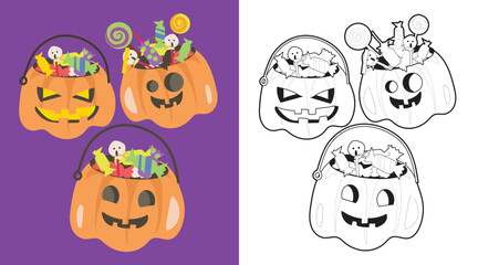 Coloring page Halloween treats. Educational printable coloring worksheet. Coloring activity with Halloween theme. Vector outline coloring page kids.