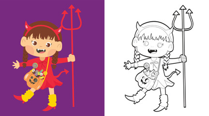 Coloring page a cute girl cartoon character with red devil costum. Educational printable coloring worksheet. Coloring activity with Halloween theme. Vector outline coloring page kids