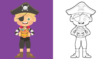 Coloring page a cute boy cartoon character with pirate costum. Educational printable coloring worksheet. Coloring activity with Halloween theme. Vector outline coloring page kids.